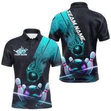 Load image into Gallery viewer, Custom Black And Blue Flame Bowling Polo Shirts For Men, Holographic Bowling League Shirt IPHW8902