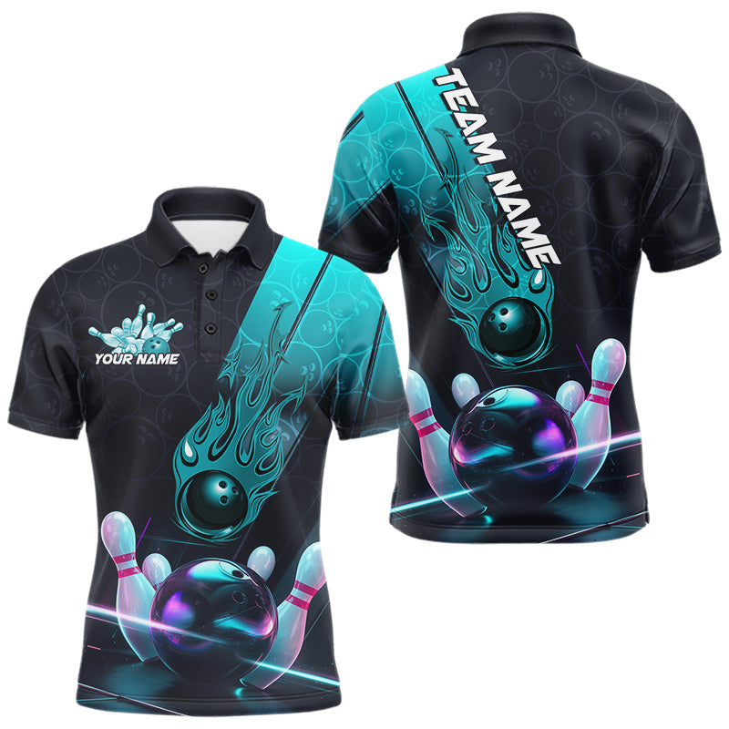 Custom Black And Blue Flame Bowling Polo Shirts For Men, Holographic Bowling League Shirt IPHW8902