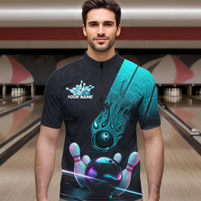 Load image into Gallery viewer, Custom Black And Blue Flame Bowling Quarter-Zip Shirts For Men, Holographic Bowling League Shirt IPHW8902