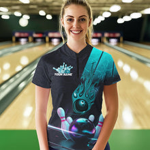 Load image into Gallery viewer, Custom Black And Blue Flame Bowling Women Quarter-Zip Shirt, Holographic Bowling Shirt IPHW8902
