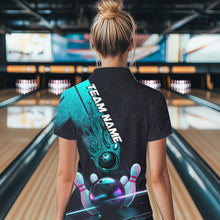 Load image into Gallery viewer, Custom Black And Blue Flame Bowling Women Quarter-Zip Shirt, Holographic Bowling Shirt IPHW8902