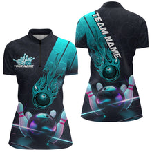 Load image into Gallery viewer, Custom Black And Blue Flame Bowling Women Quarter-Zip Shirt, Holographic Bowling Shirt IPHW8902