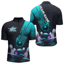 Load image into Gallery viewer, Custom Black And Blue Flame Bowling Quarter-Zip Shirts For Men, Holographic Bowling League Shirt IPHW8902