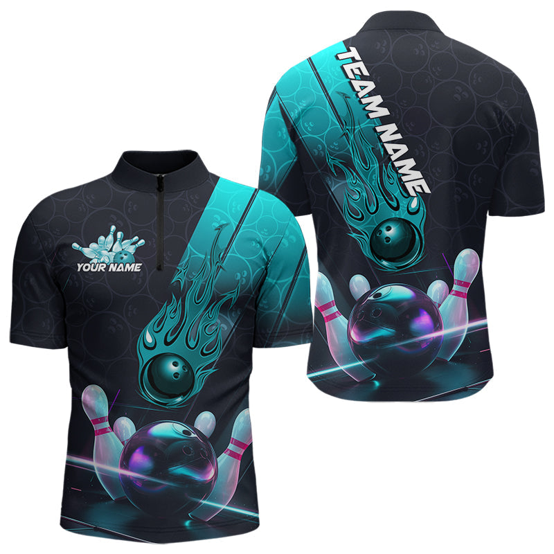 Custom Black And Blue Flame Bowling Quarter-Zip Shirts For Men, Holographic Bowling League Shirt IPHW8902
