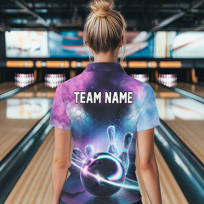 Custom Galaxy Bowling Team Women Quarter-Zip Shirts, Holographic Bowling Jersey IPHW8904