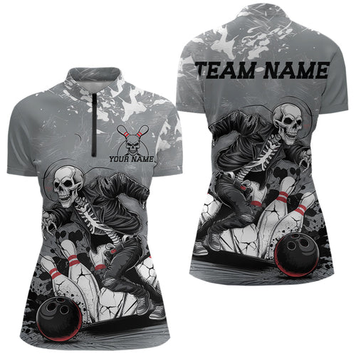 Custom Rock Style Skull Bowling Quarter-Zip Shirts For Women, Funny Skeleton Bowlers Outfit IPHW8906