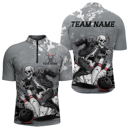 Custom Rock Style Skull Bowling Quarter-Zip Shirts For Men, Funny Skeleton Bowlers Outfit IPHW8906