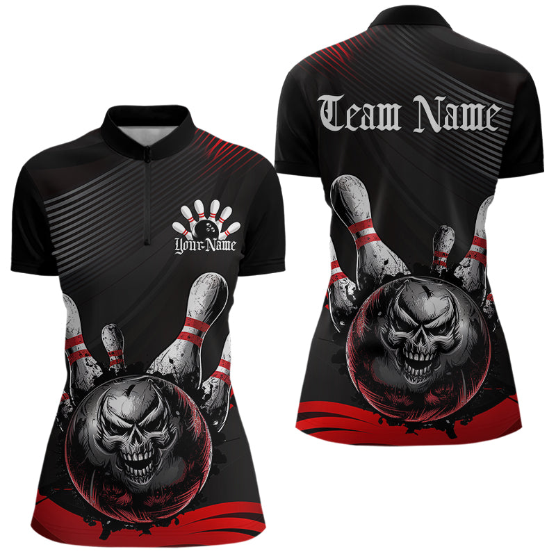 Custom Black And Red Grunge Style Skull Bowling Quarter-Zip Shirts For Women Team Uniform IPHW8907