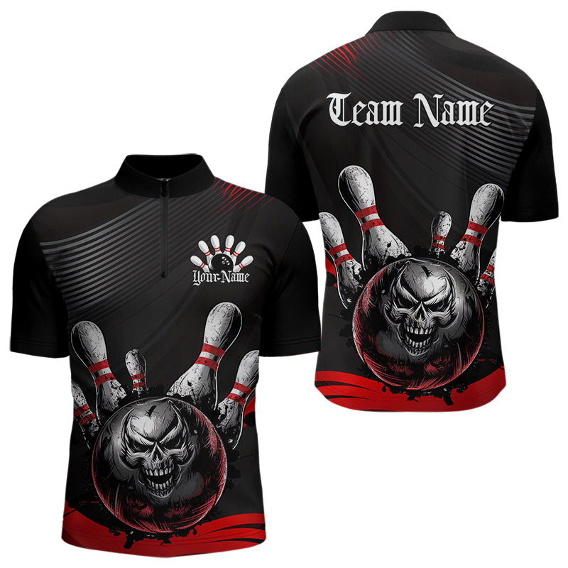 Custom Black And Red Grunge Style Skull Bowling Quarter-Zip Shirts For Men, Bowling Team Uniform IPHW8907