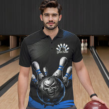 Load image into Gallery viewer, Custom Black And Blue Grunge Style Skull Bowling Polo Shirts For Men, Bowling Team Uniform IPHW8908