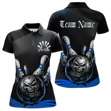 Load image into Gallery viewer, Custom Black And Blue Grunge Style Skull Bowling Polo Shirt For Women, Bowling Team Uniform IPHW8908