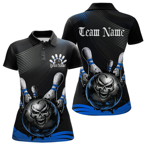 Custom Black And Blue Grunge Style Skull Bowling Polo Shirt For Women, Bowling Team Uniform IPHW8908