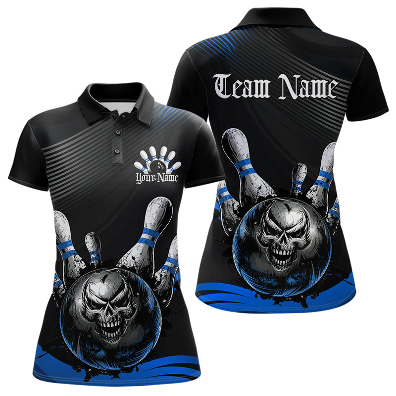 Custom Black And Blue Grunge Style Skull Bowling Polo Shirt For Women, Bowling Team Uniform IPHW8908