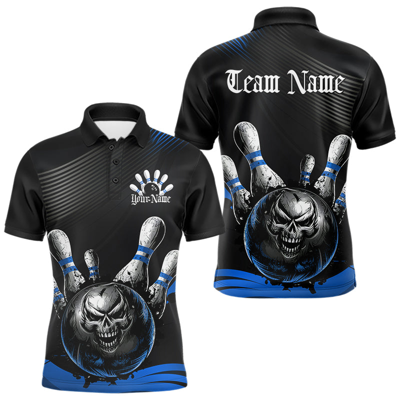 Custom Black And Blue Grunge Style Skull Bowling Polo Shirts For Men, Bowling Team Uniform IPHW8908