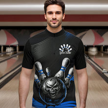 Load image into Gallery viewer, Custom Black And Blue Grunge Style Skull Bowling Quarter-Zip Shirts For Men, Bowling Team Uniform IPHW8908
