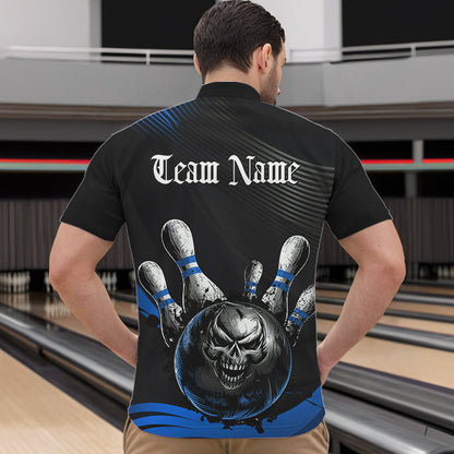 Custom Black And Blue Grunge Style Skull Bowling Quarter-Zip Shirts For Men, Bowling Team Uniform IPHW8908