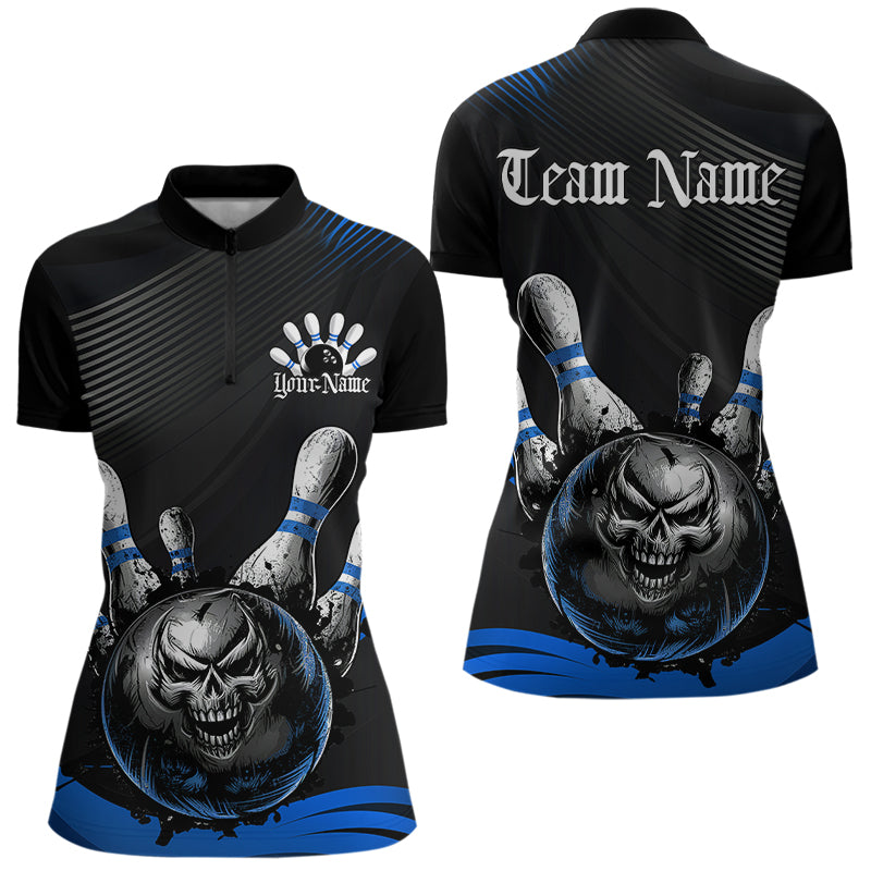 Custom Black And Blue Grunge Style Skull Bowling Quarter-Zip Shirts For Women, Team Uniform IPHW8908