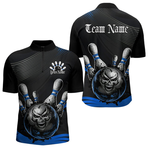 Custom Black And Blue Grunge Style Skull Bowling Quarter-Zip Shirts For Men, Bowling Team Uniform IPHW8908
