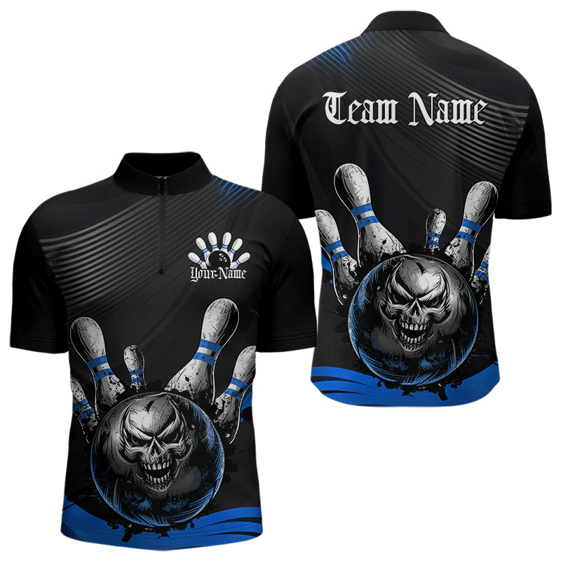 Custom Black And Blue Grunge Style Skull Bowling Quarter-Zip Shirts For Men, Bowling Team Uniform IPHW8908