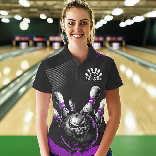 Custom Black And Purple Grunge Style Skull Bowling Women Polo Shirts, Bowling Team Uniform IPHW8909