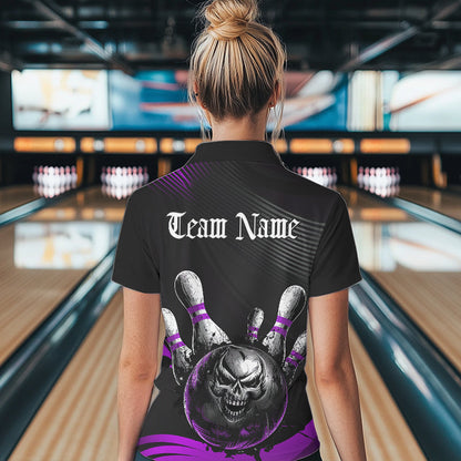 Custom Black And Purple Grunge Style Skull Bowling Women Polo Shirts, Bowling Team Uniform IPHW8909