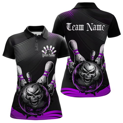 Custom Black And Purple Grunge Style Skull Bowling Women Polo Shirts, Bowling Team Uniform IPHW8909