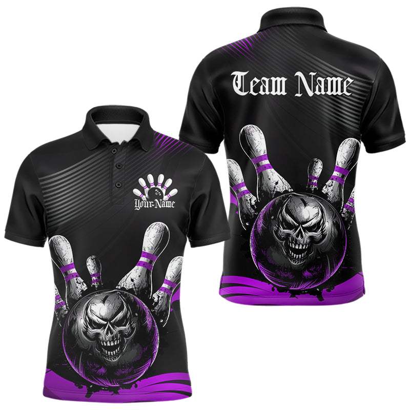 Custom Black And Purple Grunge Style Skull Bowling Polo Shirts For Men, Bowling Team Uniform IPHW8909