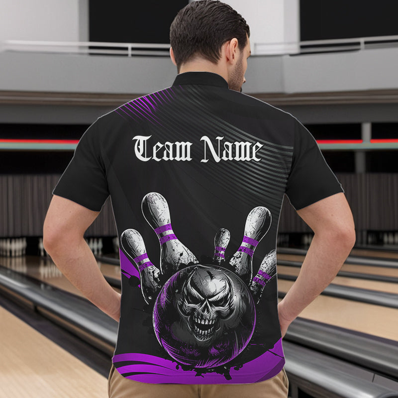Custom Black And Purple Grunge Style Skull Bowling Quarter-Zip Shirts For Men, Bowling Team Uniform IPHW8909