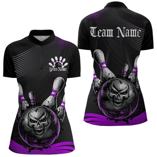 Custom Black And Purple Grunge Style Skull Bowling Women Quarter-Zip Shirts, Team Uniform IPHW8909