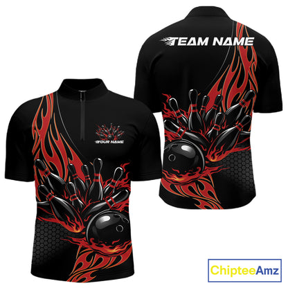 Front and back apparel mockup of black men’s quarter zip shirt with red flaming black bowling ball striking pins in powerful bowling strike illustration.