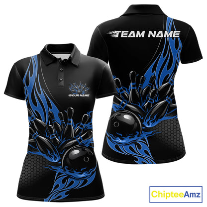 Front and back view mockup of a women’s black polo shirt featuring a blue flaming black bowling ball striking pins in a modern sports apparel design.