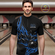 Load image into Gallery viewer, Custom Blue Flame Bowling Men Quarter-Zip Shirt, Team Jerseys Bowling League Shirt IPHW11282