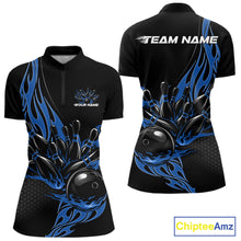 Load image into Gallery viewer, Custom Blue Flame Bowling Women Quarter-Zip Shirt, Team Jerseys Bowling League Shirt IPHW11282