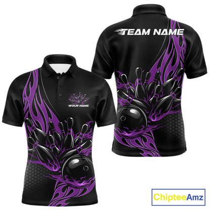 Front and back view mockup of a men’s black polo shirt featuring a purple flaming black bowling ball striking pins in a striking sports apparel design.