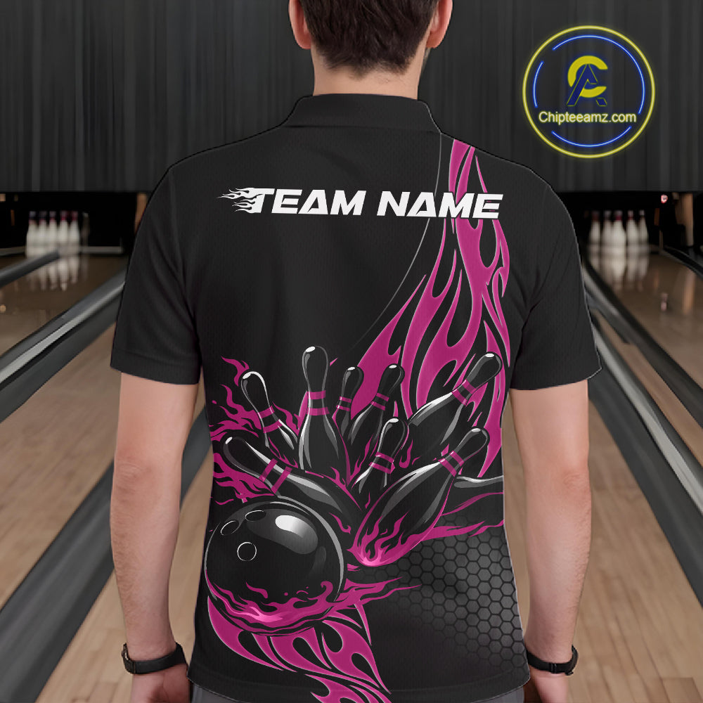Male model seen from the back in a bowling lane wearing a black polo shirt featuring a pink flaming black bowling ball striking pins in a vivid sports illustration.