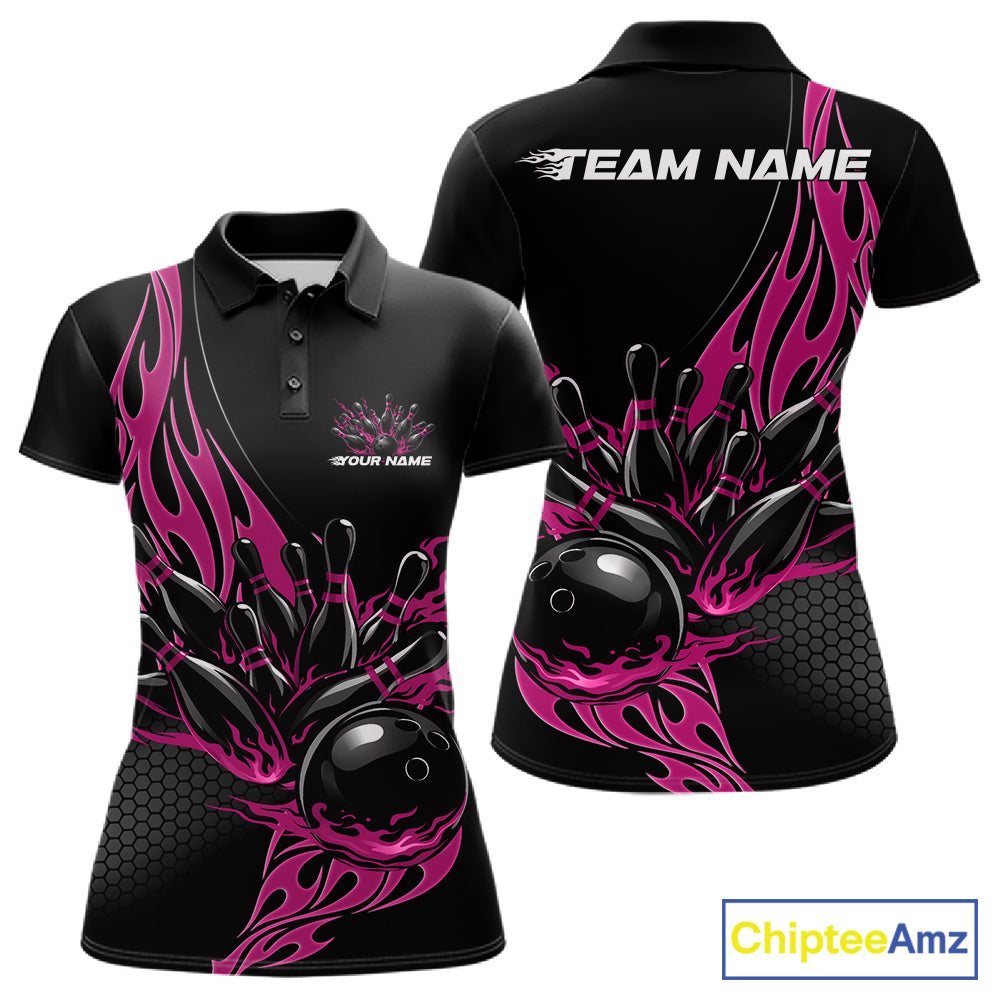 Front and back view mockup of a women’s black polo shirt featuring a pink flaming black bowling ball striking pins in a bold and vibrant sports design.