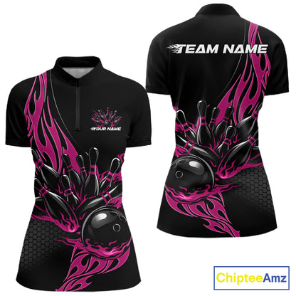 Womens quarter zip bowling shirt mockup, black shirt with pink flaming black bowling ball striking pins bold energetic design