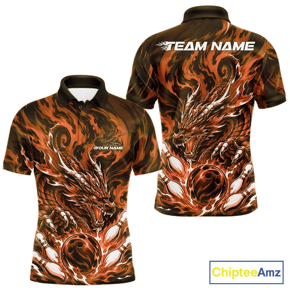 Custom bowling shirt featuring blaze orange dragon, fiery abstract graphics, bowling pins, a bowling ball, front name personalization, and back team name.