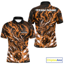 Load image into Gallery viewer, Custom bowling shirt featuring bright orange dragon, fiery abstract graphics, bowling pins, a bowling ball, front name personalization, and back team name.