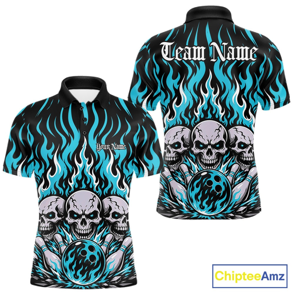 Personalized black-and-Cyan Blue bowling polo with dramatic flame patterns, three skulls, bowling pins, a front chest name, and ornate team name lettering on the back.
