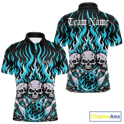 Personalized black-and-Cyan Blue bowling polo with dramatic flame patterns, three skulls, bowling pins, a front chest name, and ornate team name lettering on the back.
