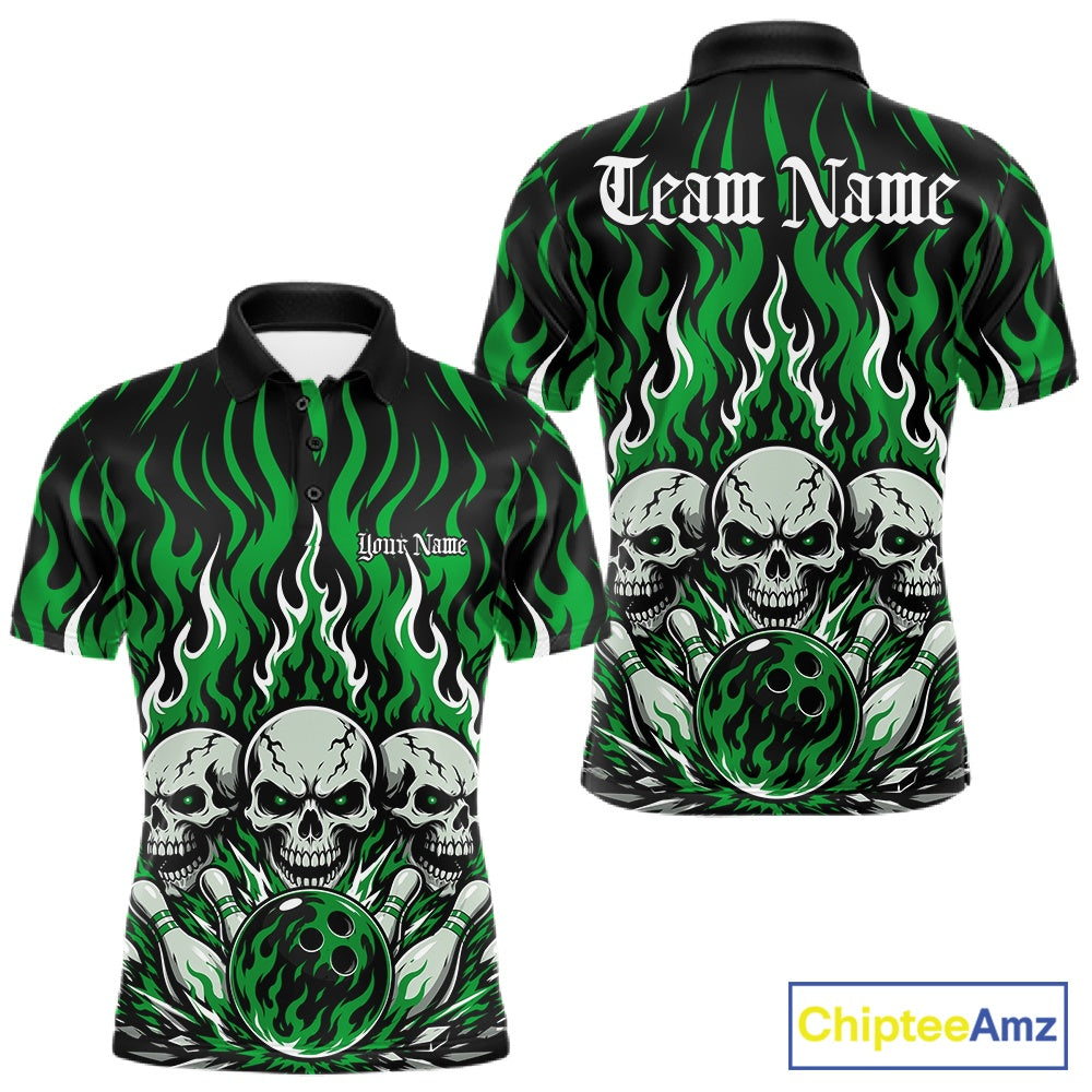 Personalized black-and-Green bowling polo with dramatic flame patterns, three skulls, bowling pins, a front chest name, and ornate team name lettering on the back.
