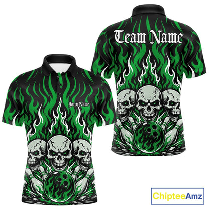 Personalized black-and-Green bowling polo with dramatic flame patterns, three skulls, bowling pins, a front chest name, and ornate team name lettering on the back.
