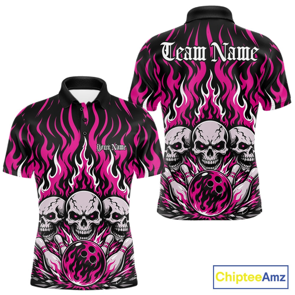 Personalized black-and-Pink bowling polo with dramatic flame patterns, three skulls, bowling pins, a front chest name, and ornate team name lettering on the back.
