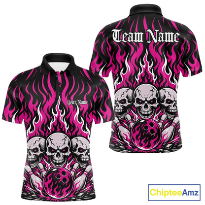 Personalized black-and-Pink bowling polo with dramatic flame patterns, three skulls, bowling pins, a front chest name, and ornate team name lettering on the back.
