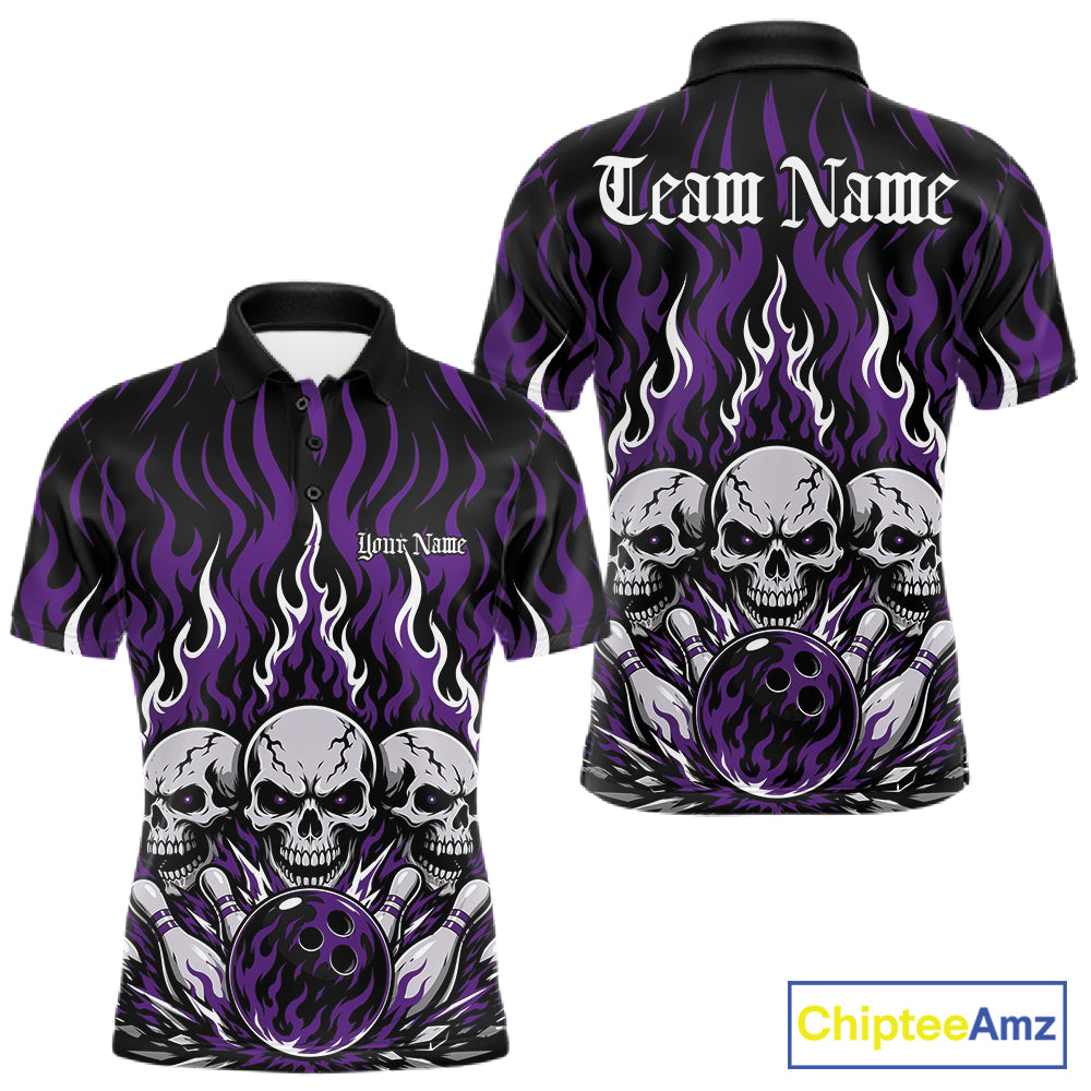 Personalized black-and-Purple bowling polo with dramatic flame patterns, three skulls, bowling pins, a front chest name, and ornate team name lettering on the back.
