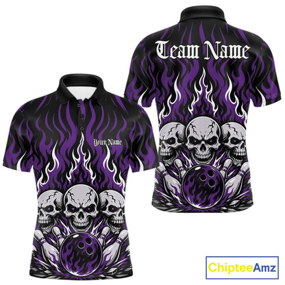 Personalized black-and-Purple bowling polo with dramatic flame patterns, three skulls, bowling pins, a front chest name, and ornate team name lettering on the back.
