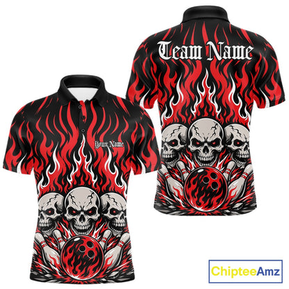 Personalized black-and-Red bowling polo with dramatic flame patterns, three skulls, bowling pins, a front chest name, and ornate team name lettering on the back.
