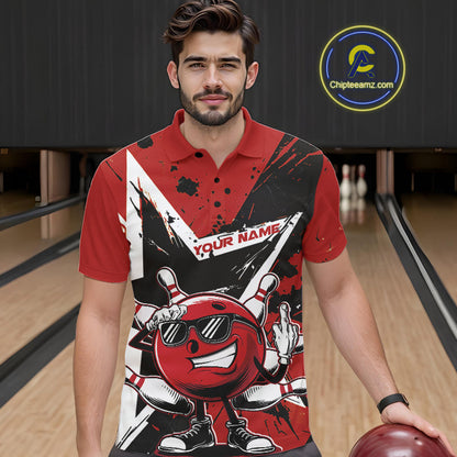 Custom Black And Red Star Funny Bowling Polo Shirts For Men, Bowling Tournament Shirt IPHW9358