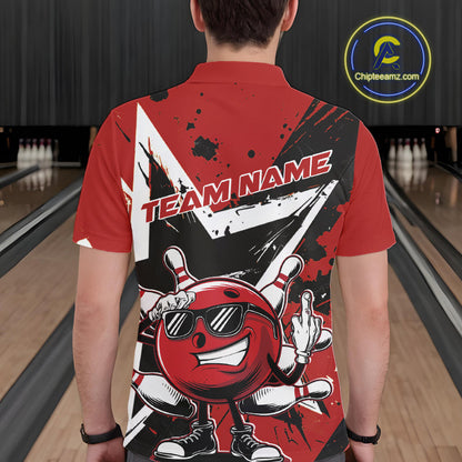 Custom Black And Red Star Funny Bowling Polo Shirts For Men, Bowling Tournament Shirt IPHW9358